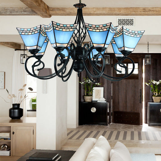 Stained Glass Nautical Chandelier With Pyramid Shade - Multi-Glass Living Room Lighting In Blue