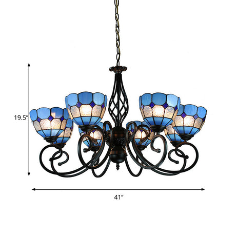 Dome Hanging Ceiling Light With Grid Design - 6/8 Lights Blue Glass Tiffany Bedroom Lighting