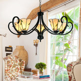 Tiffany Cone Chandelier Lamp With Stained Glass Indoor Lighting - 5/6/8 Heads Black Curved Frame