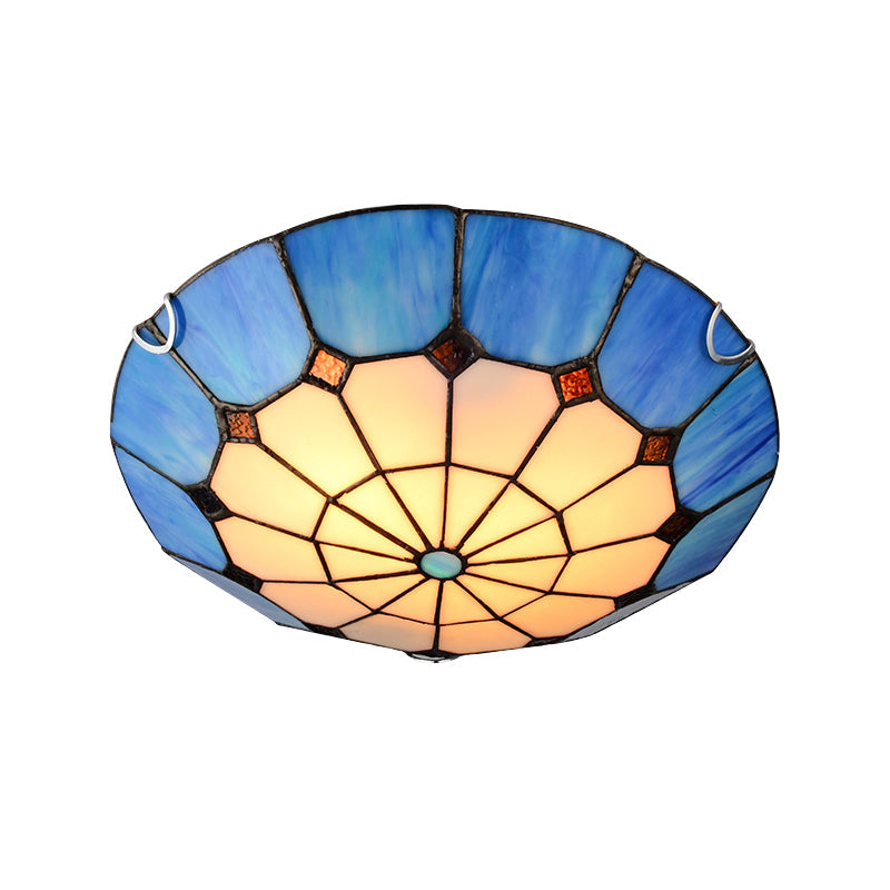 Tiffany Antique Art Glass Grid Bowl Ceiling Lamp In Blue/Orange/Yellow - 12’/16’ Width Bedroom Mount