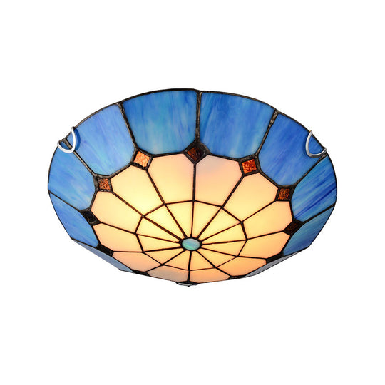 Tiffany Antique Art Glass Grid Bowl Ceiling Lamp In Blue/Orange/Yellow - 12’/16’ Width Bedroom Mount
