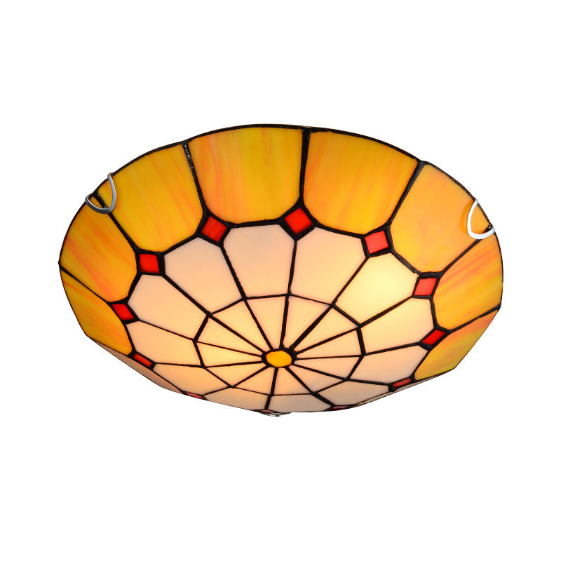 Tiffany Antique Art Glass Grid Bowl Ceiling Lamp In Blue/Orange/Yellow - 12’/16’ Width Bedroom Mount