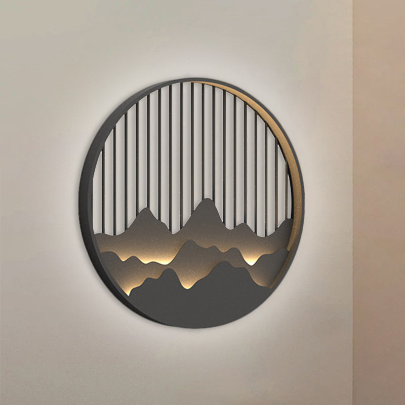 Round Mountain Wall Sconce - Asian Style Metallic Led Black Mount Lighting Fixture