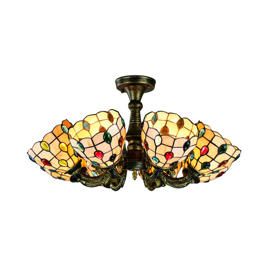 Rustic Stained Glass Chandelier With Multi-Light Suspension & Bronze Accents