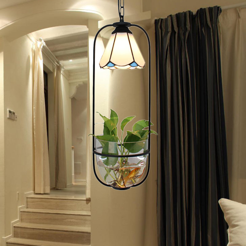 Stylish White Handcrafted Tiffany Art Glass Pendant Light Fixture With Planting