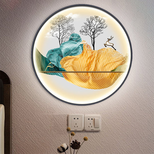 Asian-Style Led Fabric Wall Mural Mount Lamp - Yellow/Green Circle Light With Landscape Pattern