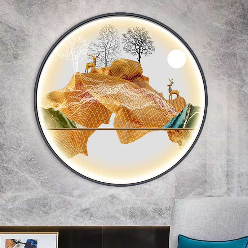 Asian-Style Led Fabric Wall Mural Mount Lamp - Yellow/Green Circle Light With Landscape Pattern