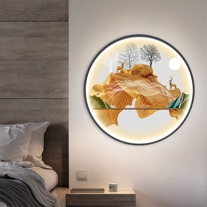 Asian-Style Led Fabric Wall Mural Mount Lamp - Yellow/Green Circle Light With Landscape Pattern
