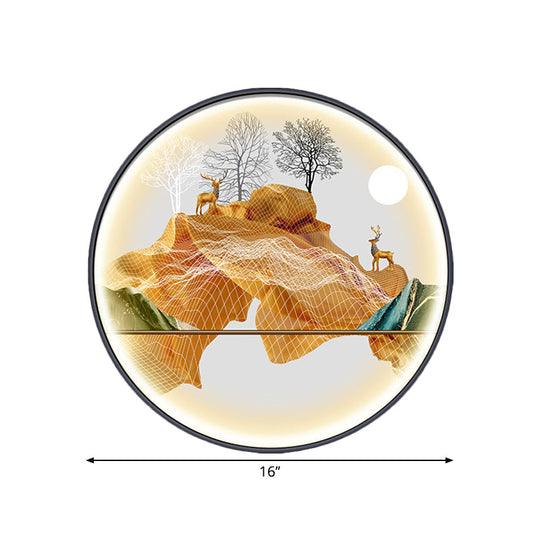 Asian-Style Led Fabric Wall Mural Mount Lamp - Yellow/Green Circle Light With Landscape Pattern