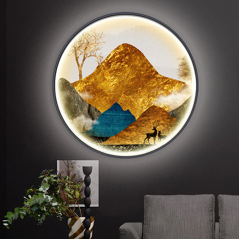 Asian-Style Led Fabric Wall Mural Mount Lamp - Yellow/Green Circle Light With Landscape Pattern