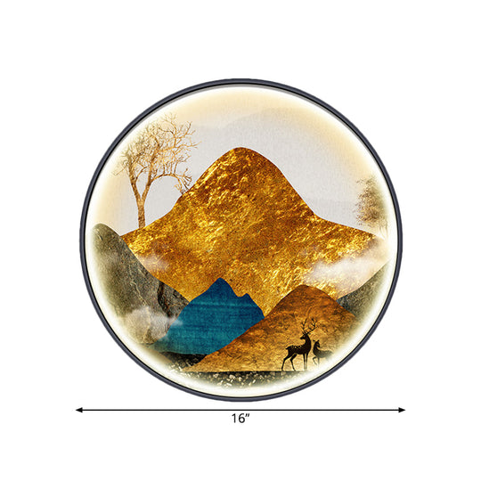 Asian-Style Led Fabric Wall Mural Mount Lamp - Yellow/Green Circle Light With Landscape Pattern