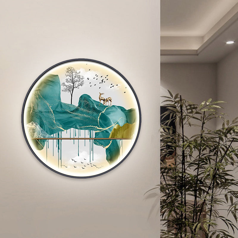 Asian-Style Led Fabric Wall Mural Mount Lamp - Yellow/Green Circle Light With Landscape Pattern
