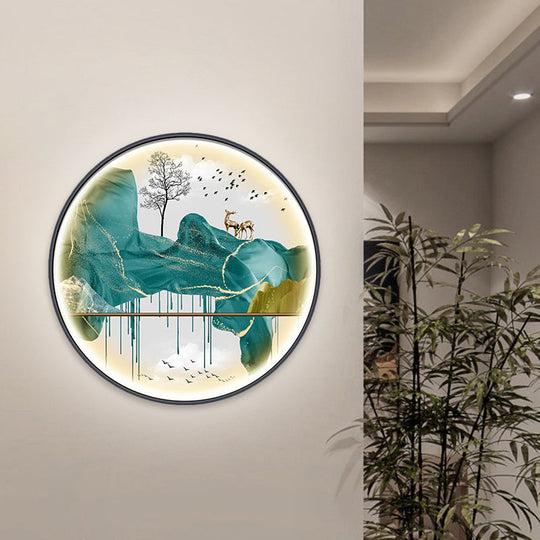 Asian-Style Led Fabric Wall Mural Mount Lamp - Yellow/Green Circle Light With Landscape Pattern