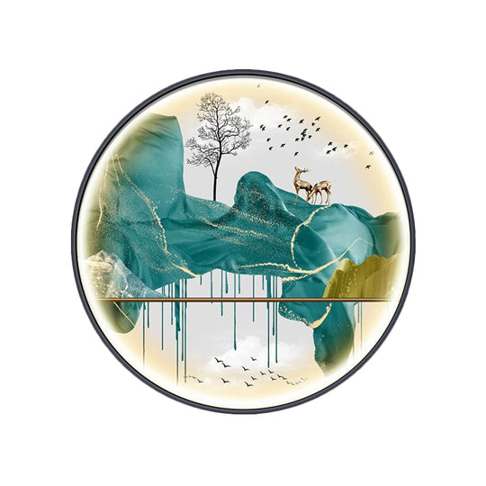 Asian-Style Led Fabric Wall Mural Mount Lamp - Yellow/Green Circle Light With Landscape Pattern