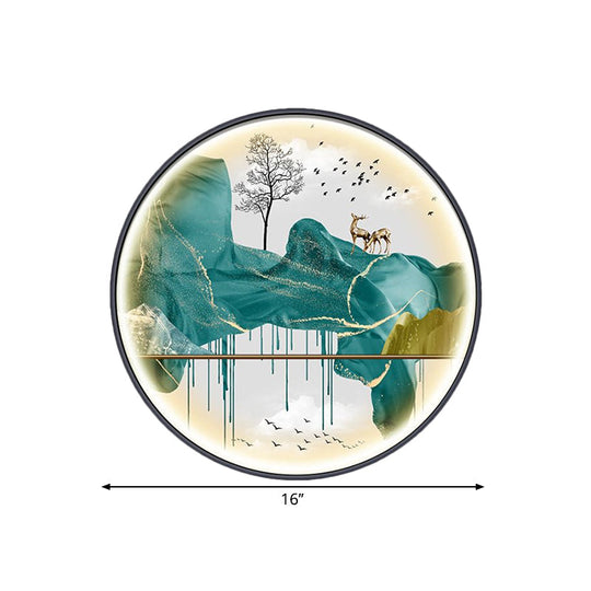 Asian-Style Led Fabric Wall Mural Mount Lamp - Yellow/Green Circle Light With Landscape Pattern