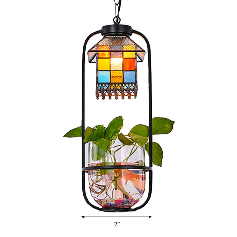 Tiffany Style House Shaped Hanging Lamp Kit With Stainless Glass - 1 Head Black Finish Ceiling Light