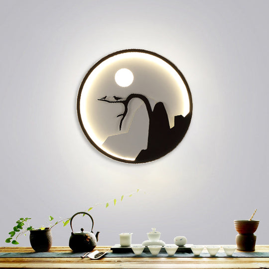 Metallic Round Asian Style Led Wall Mounted Light With Moon And Bird/Lotus Pattern - Black / A