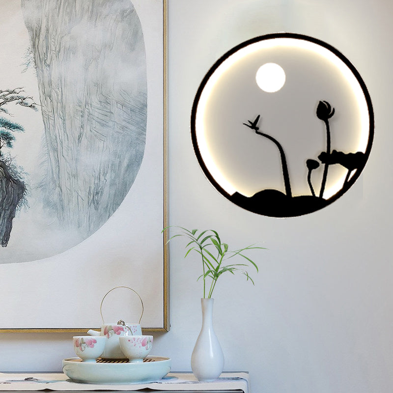 Metallic Round Asian Style Led Wall Mounted Light With Moon And Bird/Lotus Pattern - Black