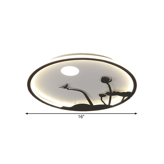 Metallic Round Asian Style Led Wall Mounted Light With Moon And Bird/Lotus Pattern - Black