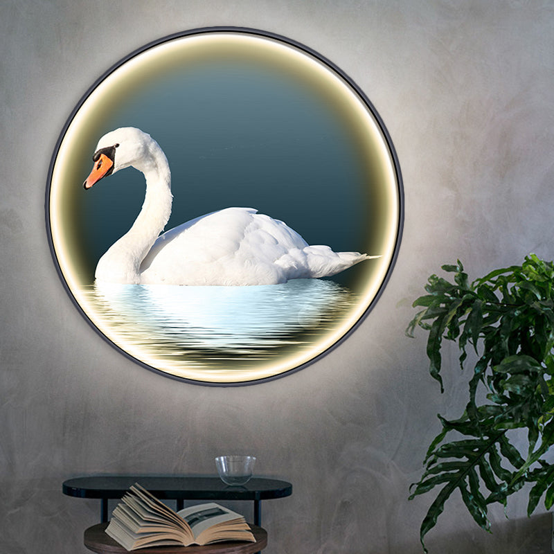Round Asian Swan Led Wall Sconce In White For Bedroom Left/Right Placement
