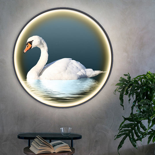 Round Asian Swan Led Wall Sconce In White For Bedroom Left/Right Placement