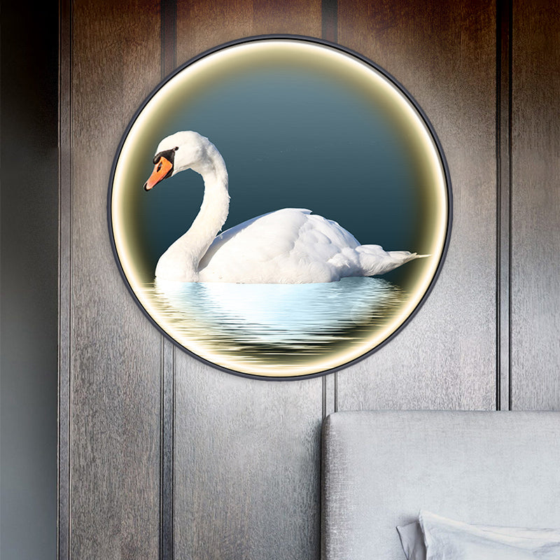 Round Asian Swan Led Wall Sconce In White For Bedroom Left/Right Placement