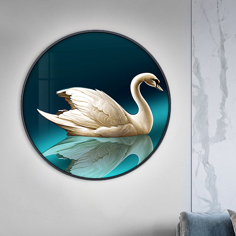 Green Led Asian Style Wall Lamp With Swan Pattern - Circle Metal Mural Lighting Ideas Left/Right /