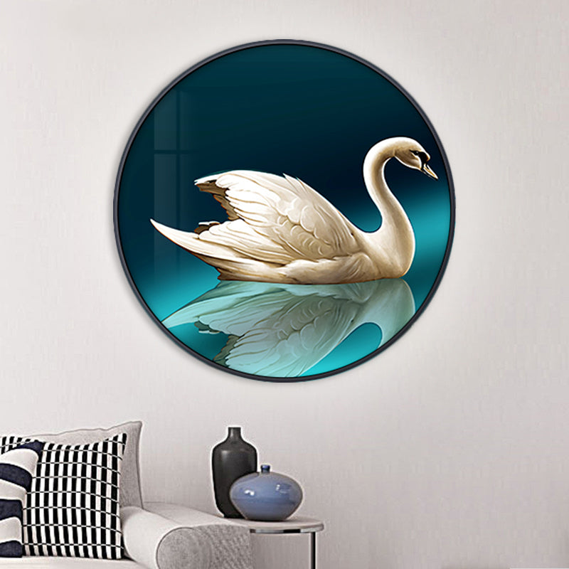 Green Led Asian Style Wall Lamp With Swan Pattern - Circle Metal Mural Lighting Ideas Left/Right
