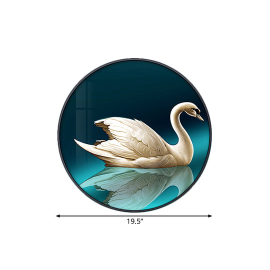 Green Led Asian Style Wall Lamp With Swan Pattern - Circle Metal Mural Lighting Ideas Left/Right