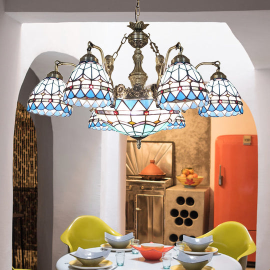 Tiffany Style Domed Chandelier - Mermaid Blue Ceiling Lamp With Cut Glass 7/9 Lights