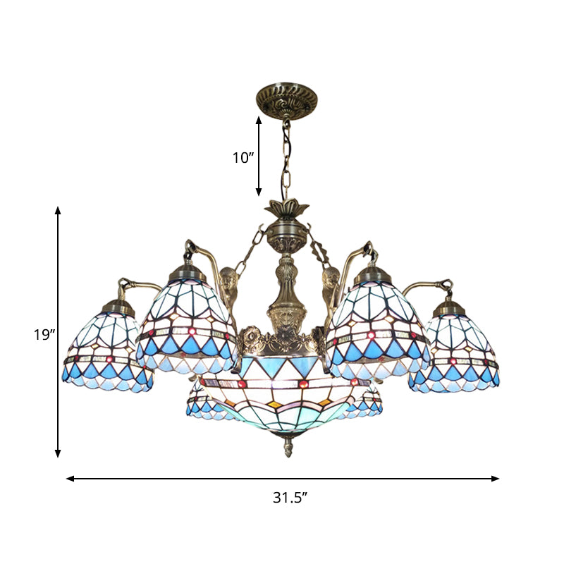 Tiffany Style Domed Chandelier - Mermaid Blue Ceiling Lamp With Cut Glass 7/9 Lights