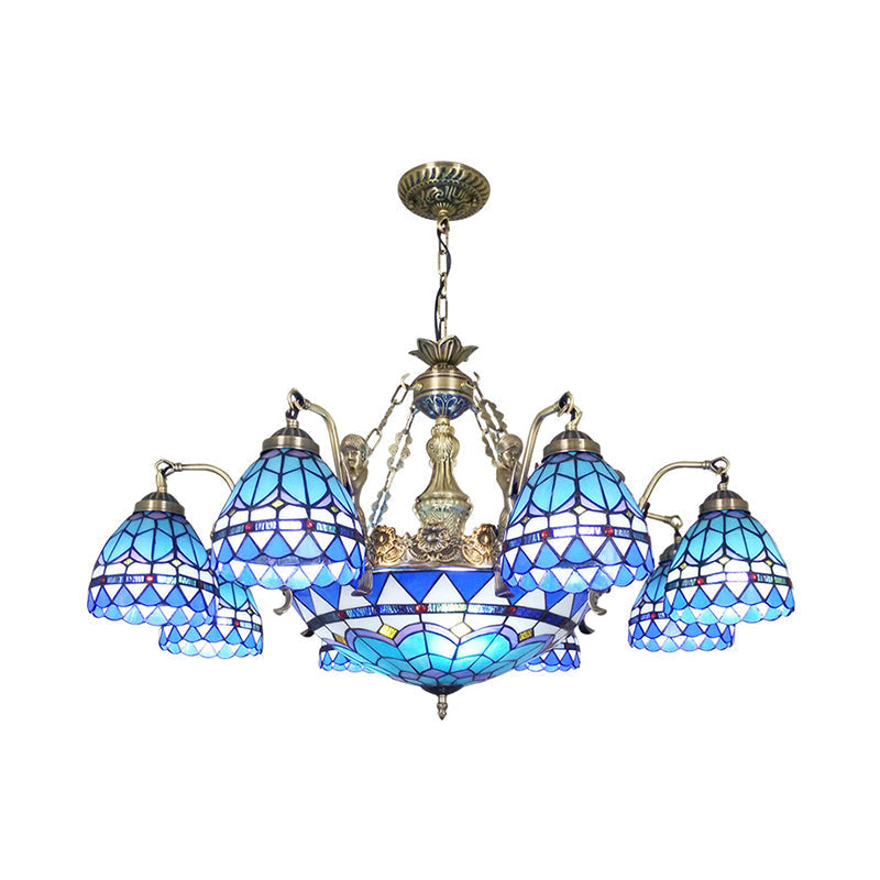 Tiffany Style Domed Chandelier - Mermaid Blue Ceiling Lamp With Cut Glass 7/9 Lights