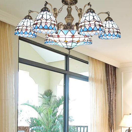Blue Stained Glass Tiffany Pendant Lamp With 7/9 Light Cone Ceiling Chandelier