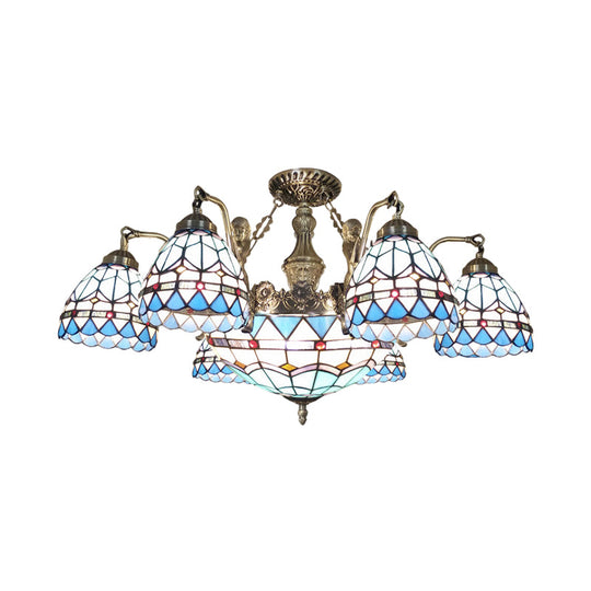 Blue Stained Glass Tiffany Pendant Lamp With 7/9 Light Cone Ceiling Chandelier