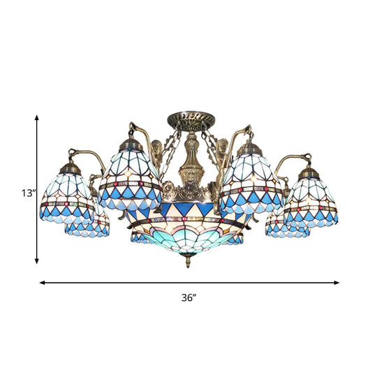 Blue Stained Glass Tiffany Pendant Lamp With 7/9 Light Cone Ceiling Chandelier