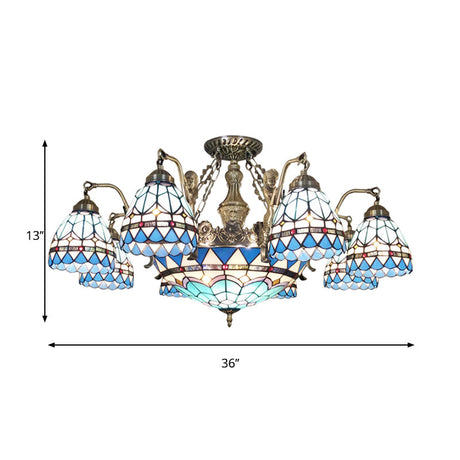 Stained Glass Cone Ceiling Chandelier - Tiffany Pendant Lamp (Blue 7/9 Lights)