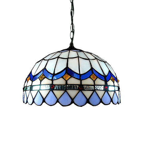 Blue Stained Glass Tiffany Hanging Light With Domed Shade - Traditional Living Room Suspension