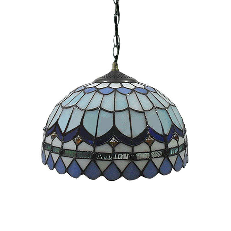 Traditional Tiffany Blue Stained Glass Living Room Suspension Light With Domed Shade