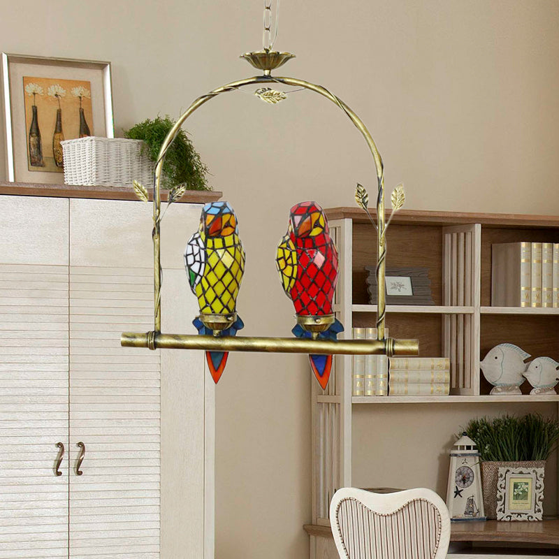 Tiffany Style Parrot Ceiling Light With Swing Perch - Blue/Pink & Red/Yellow Stainless Glass