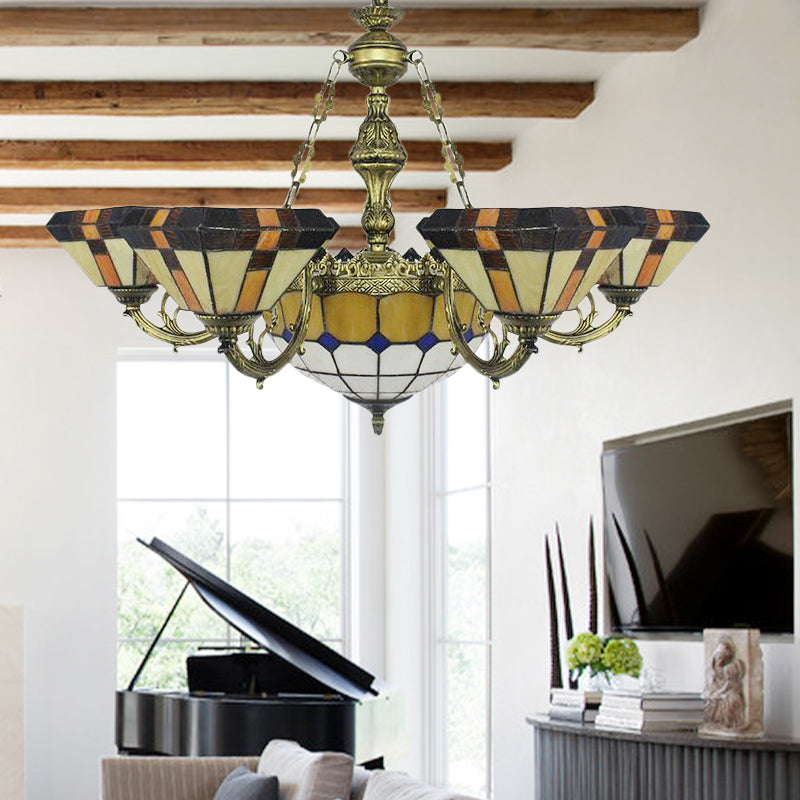 Villa Shuttlecock Chandelier: Vintage Tiffany Yellow Hanging Light / Trapezoid