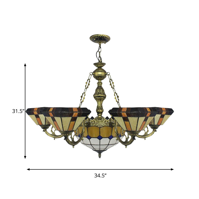 Vintage Tiffany-Style Yellow Shuttlecock Chandelier With Central Dome And Art Glass