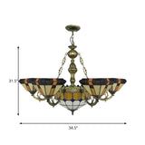 Vintage Tiffany-Style Yellow Shuttlecock Chandelier With Central Dome And Art Glass