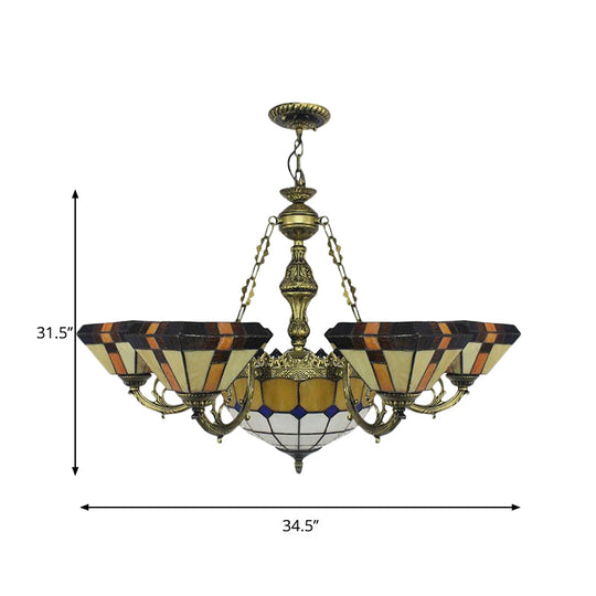 Vintage Tiffany-Style Yellow Shuttlecock Chandelier With Central Dome And Art Glass