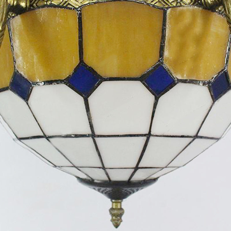 Vintage Tiffany-Style Yellow Shuttlecock Chandelier With Central Dome And Art Glass