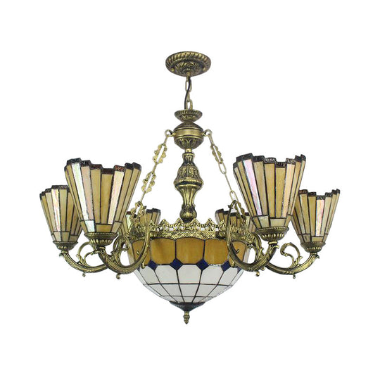 Vintage Tiffany-Style Yellow Shuttlecock Chandelier With Central Dome And Art Glass