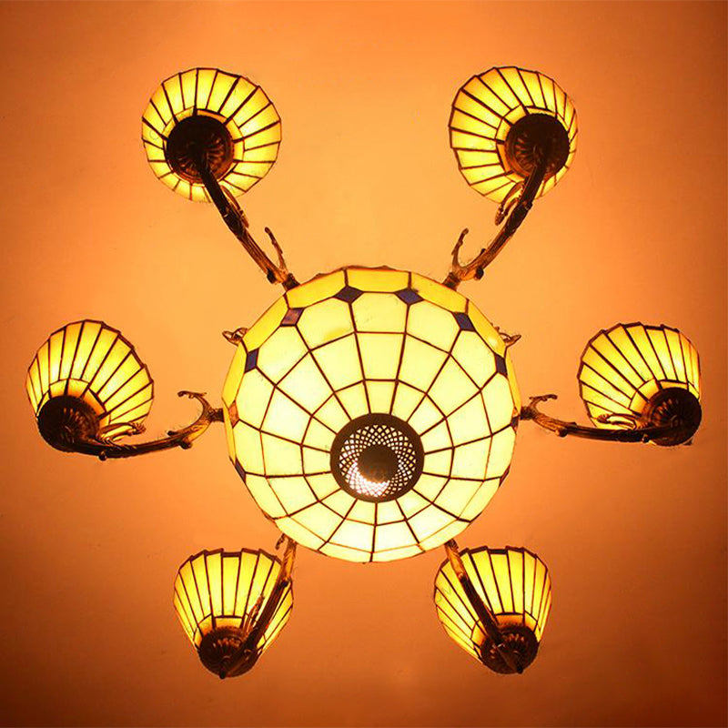 Vintage Tiffany-Style Yellow Shuttlecock Chandelier With Central Dome And Art Glass