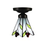 Cafe Leaf And Flower Stained Glass Ceiling Mount Light - Rustic White Tiffany Fixture (1 Bulb)