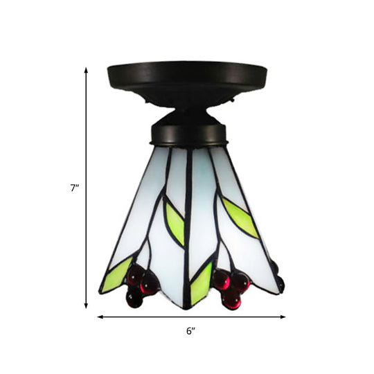 Cafe Leaf And Flower Stained Glass Ceiling Mount Light - Tiffany Rustic White Fixture