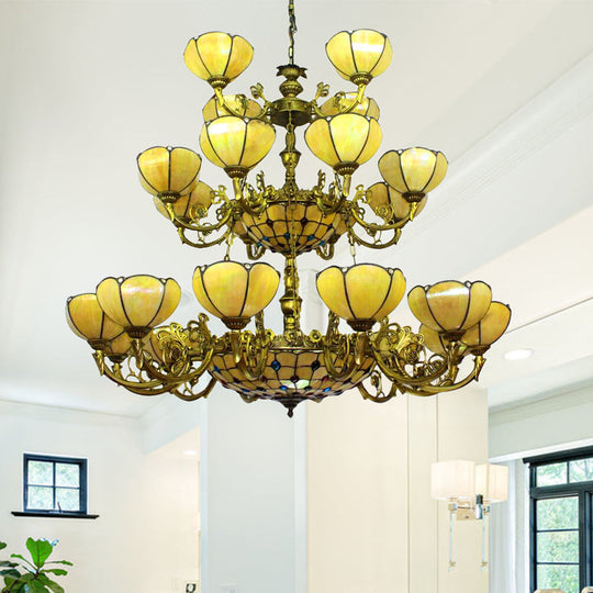 Yellow Tiffany Antique Hanging Light With Glass Dome Shade - Ideal For Villa Or Hotel Chandelier