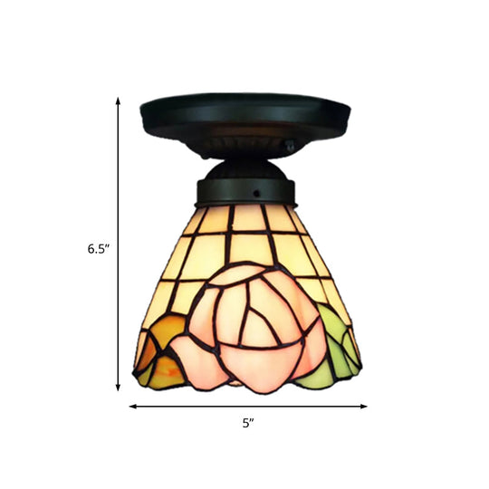 Tiffany Stained Glass Ceiling Mount Light For Cloth Shop 1-Head Flower/Bird/Phoenix Design In Black